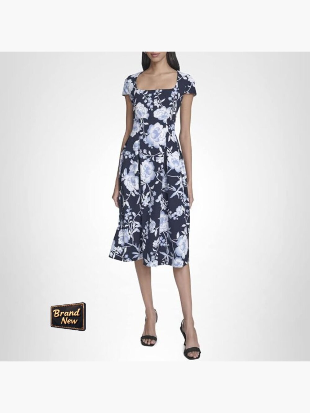 Square Neck Pleated Midi A-Line Dress